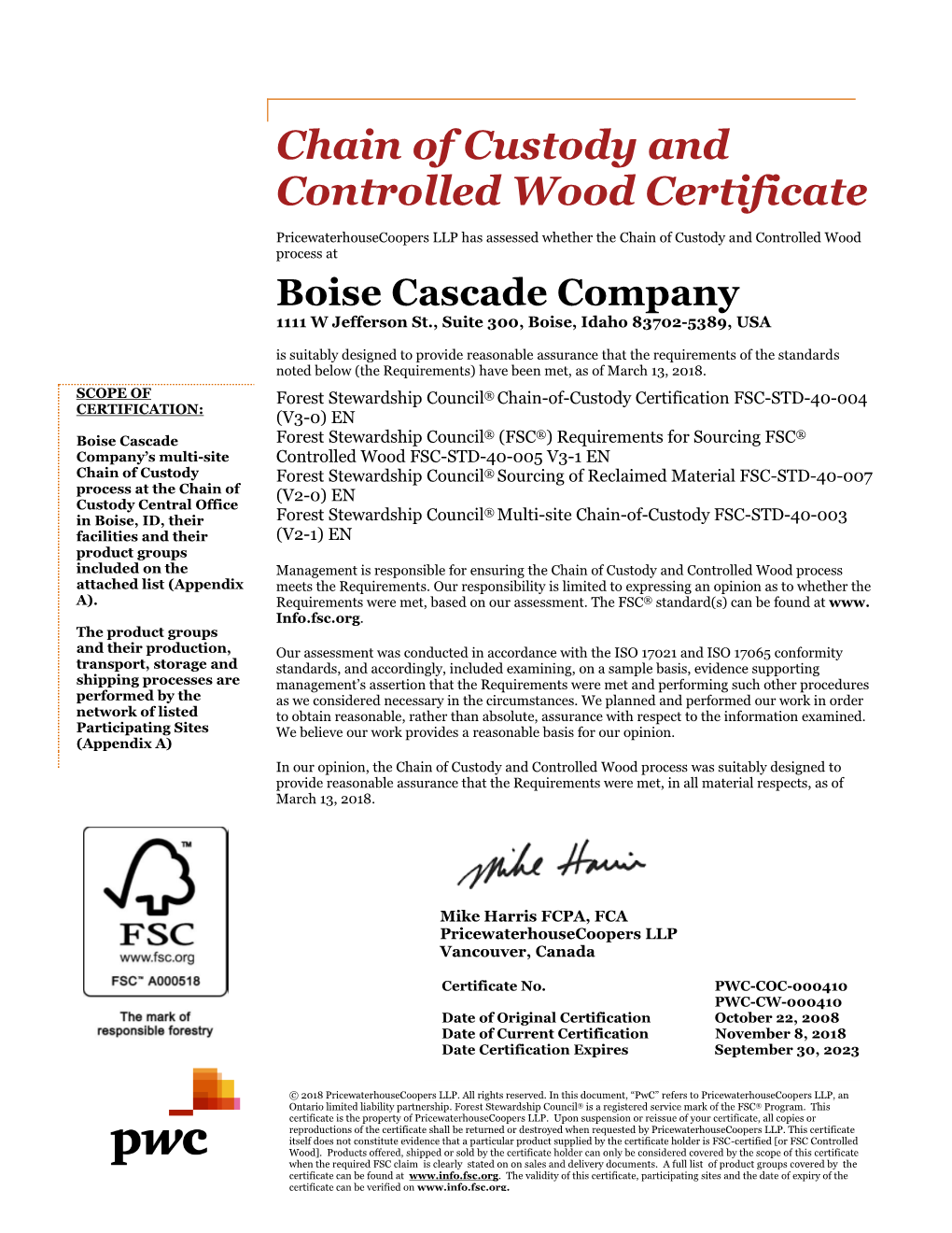 Chain of Custody and Controlled Wood Certificate