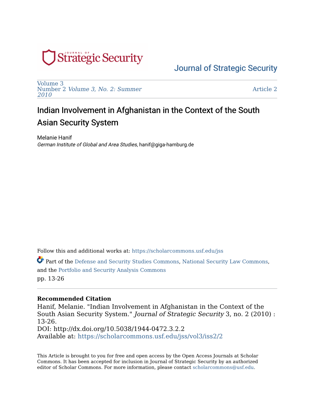 Indian Involvement in Afghanistan in the Context of the South Asian Security System