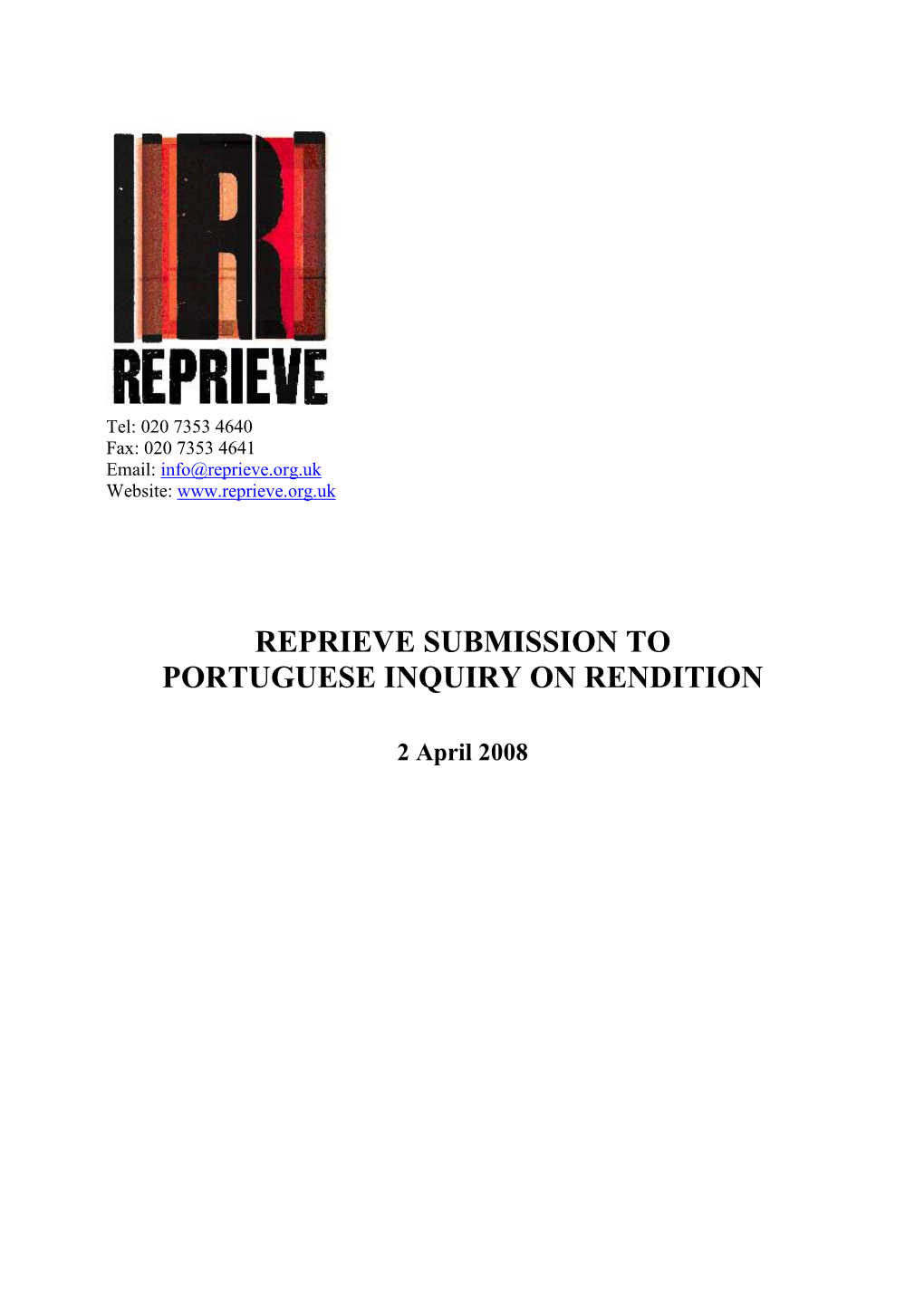 REPRIEVE Submission to Portuguese Inquiry Into Rendition, 2