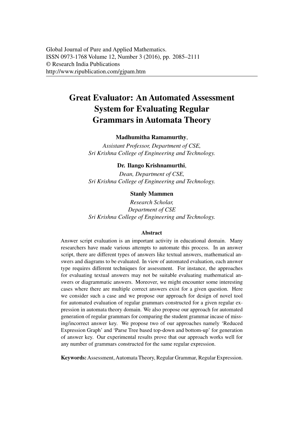 An Automated Assessment System for Evaluating Regular Grammars in Automata Theory