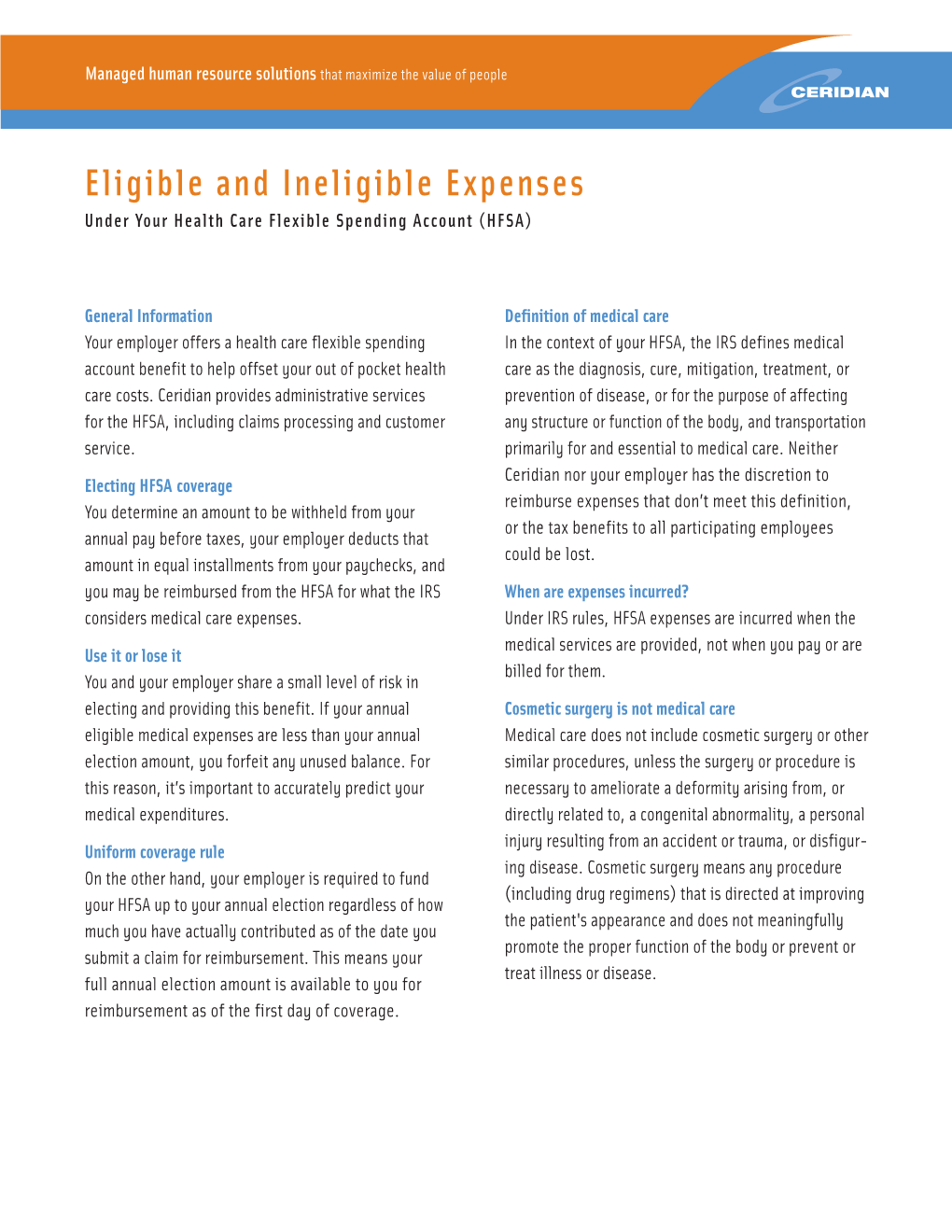 Eligible and Ineligible Expenses Under Your Health Care Flexible Spending Account (HFSA)