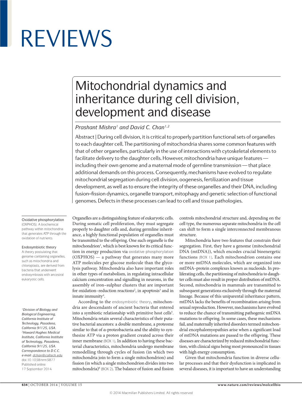 Mitochondrial Dynamics and Inheritance During Cell Division, Development and Disease