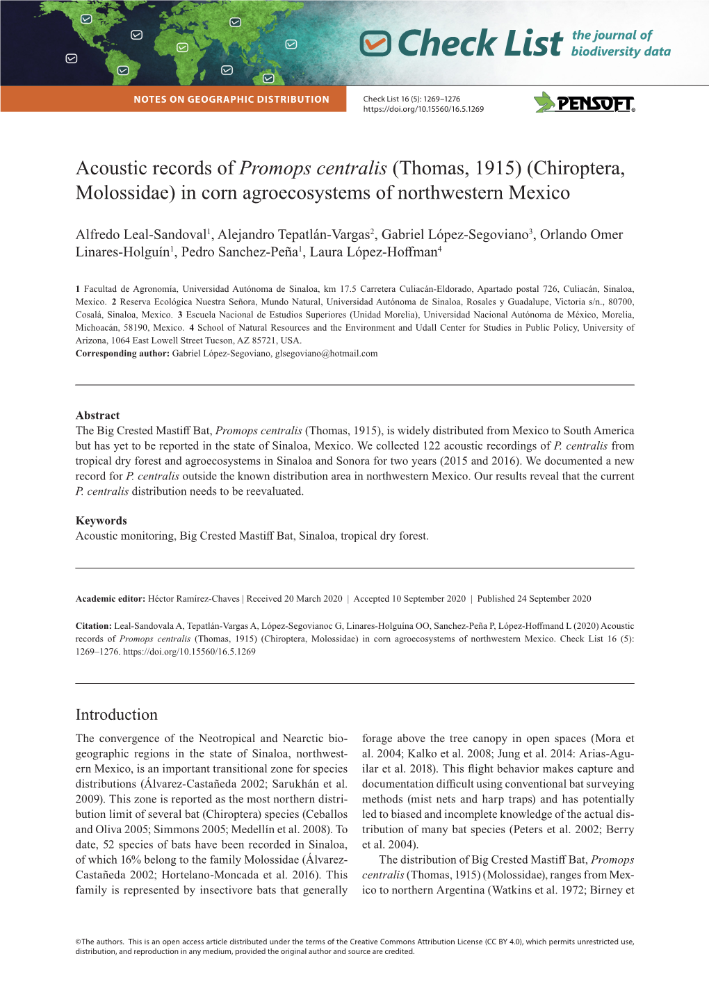 Promops Centralis (Thomas, 1915) (Chiroptera, Molossidae) in Corn Agroecosystems of Northwestern Mexico