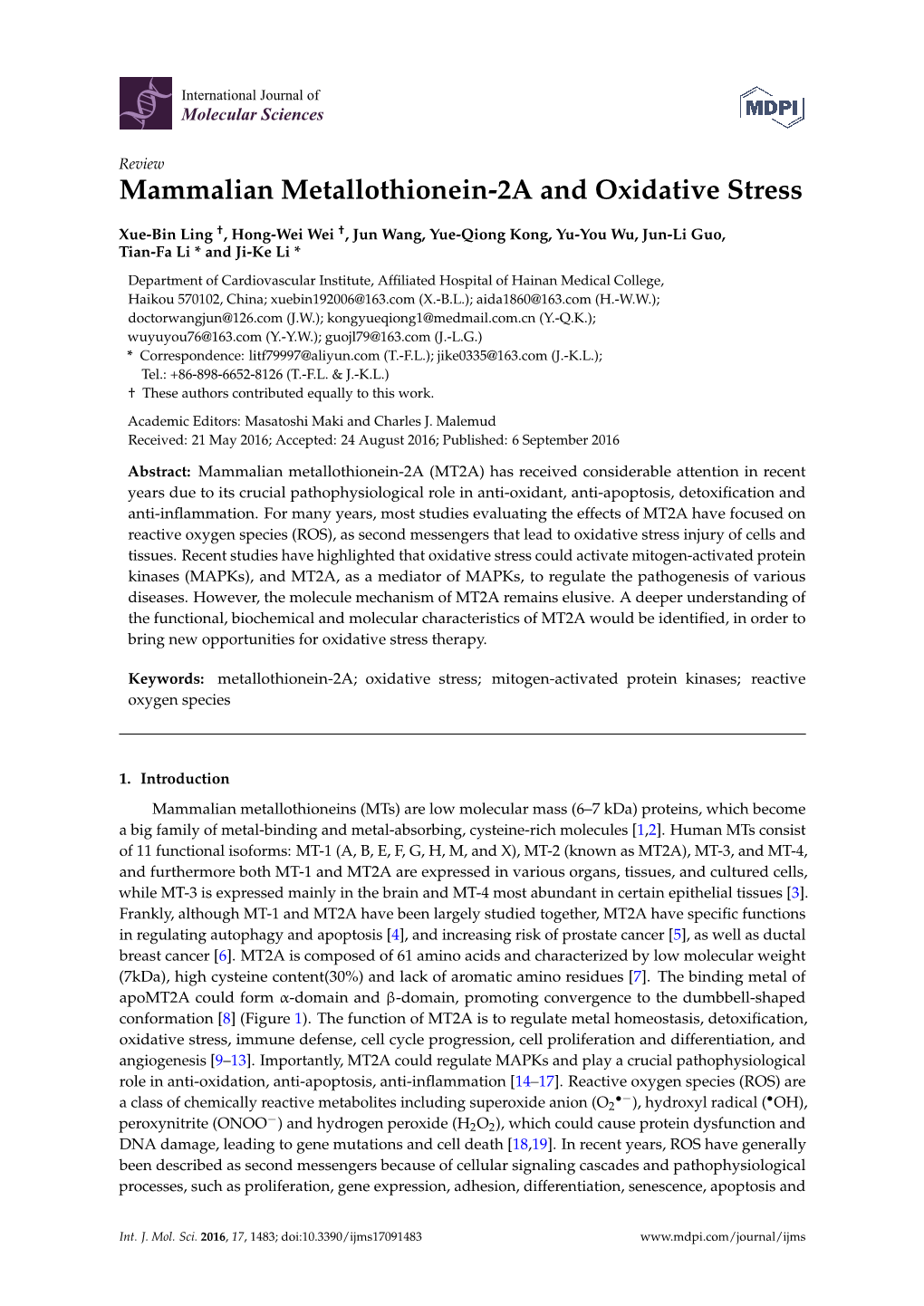 Mammalian Metallothionein-2A and Oxidative Stress