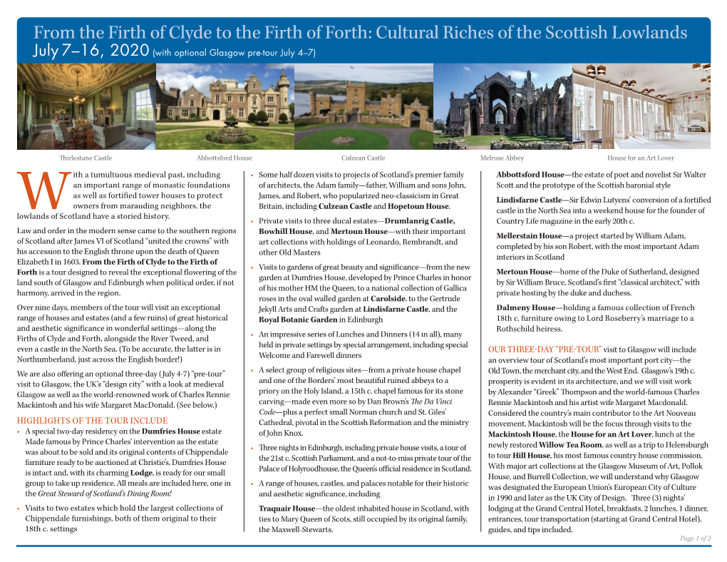 From the Firth of Clyde to the Firth of Forth: Cultural Riches of the Scottish Lowlands July 7–16, 2020 (With Optional Glasgow Pre-Tour July 4–7)