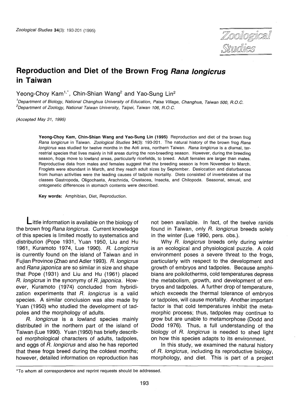 Reproduction and Diet of the Brown Frog Rana Longicrus in Taiwan