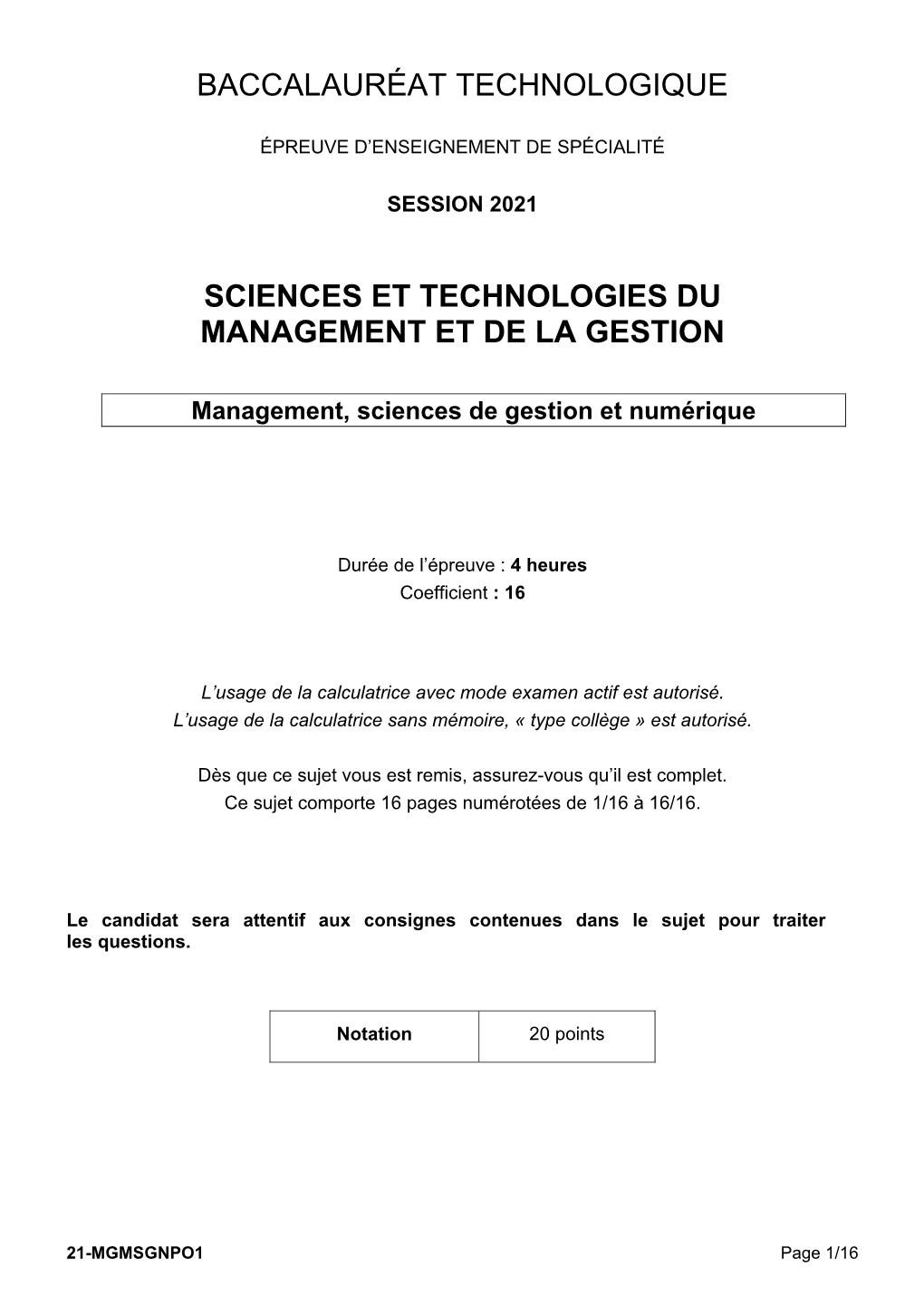 Management, Sciences De Gestion Et Numérique Baccalauaréat