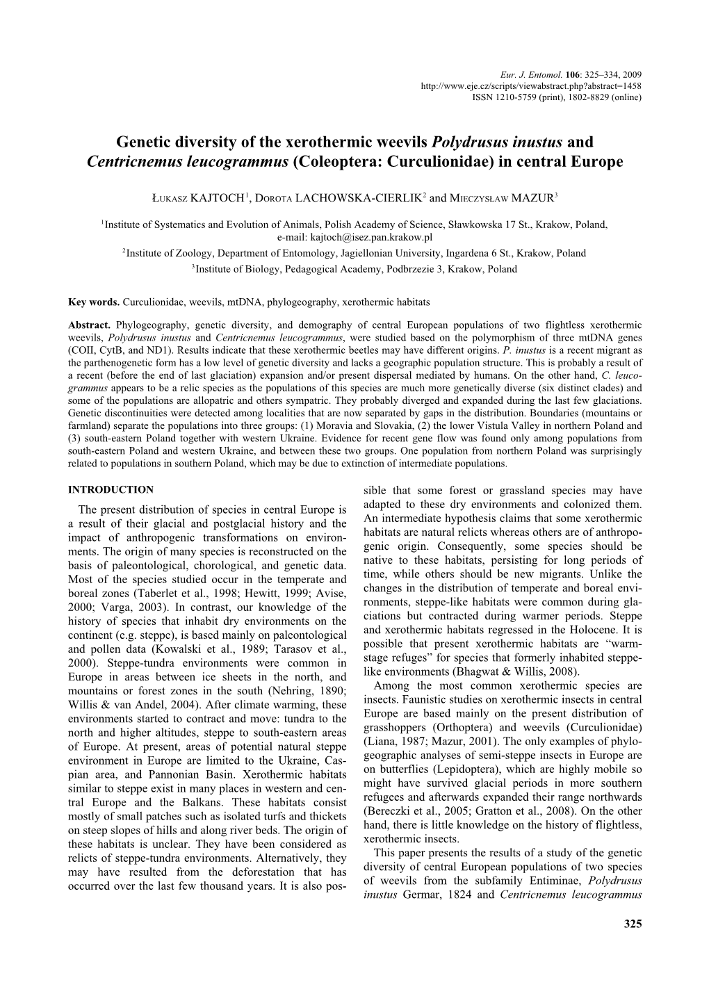 Genetic Diversity of the Xerothermic Weevils Polydrusus Inustus and Centricnemus Leucogrammus (Coleoptera: Curculionidae) in Central Europe