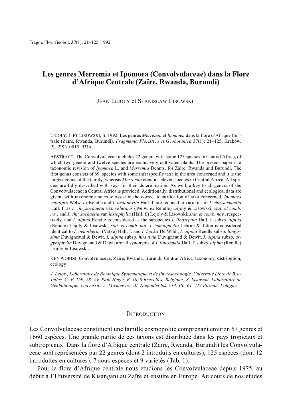 Les Genres Merremia Et Ipomoea (Convolvulaceae) Dans La Flore D’Afrique Centrale (Zaïre, Rwanda, Burundi)
