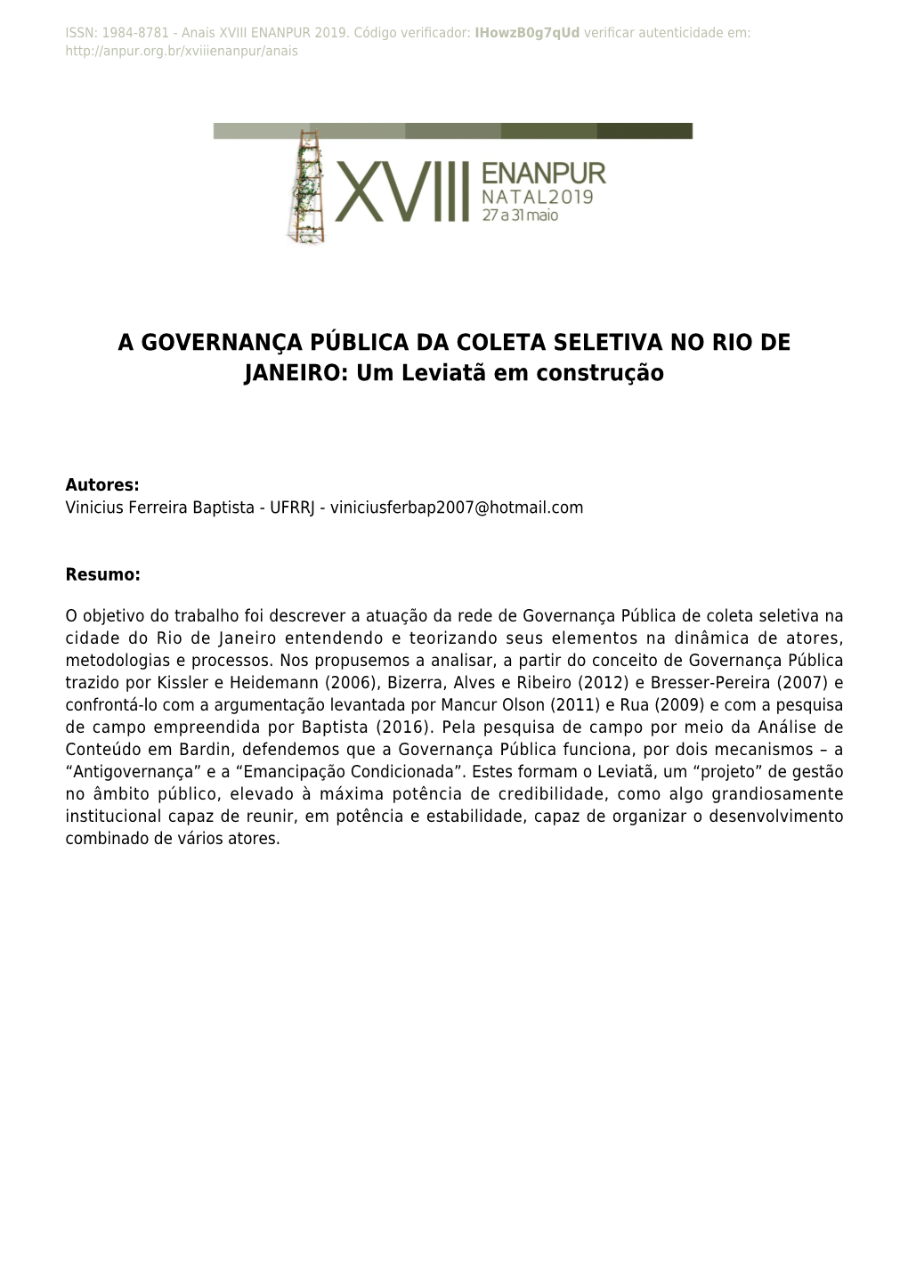 A GOVERNANÇA PÚBLICA DA COLETA SELETIVA NO RIO DE JANEIRO: Um Leviatã Em Construção