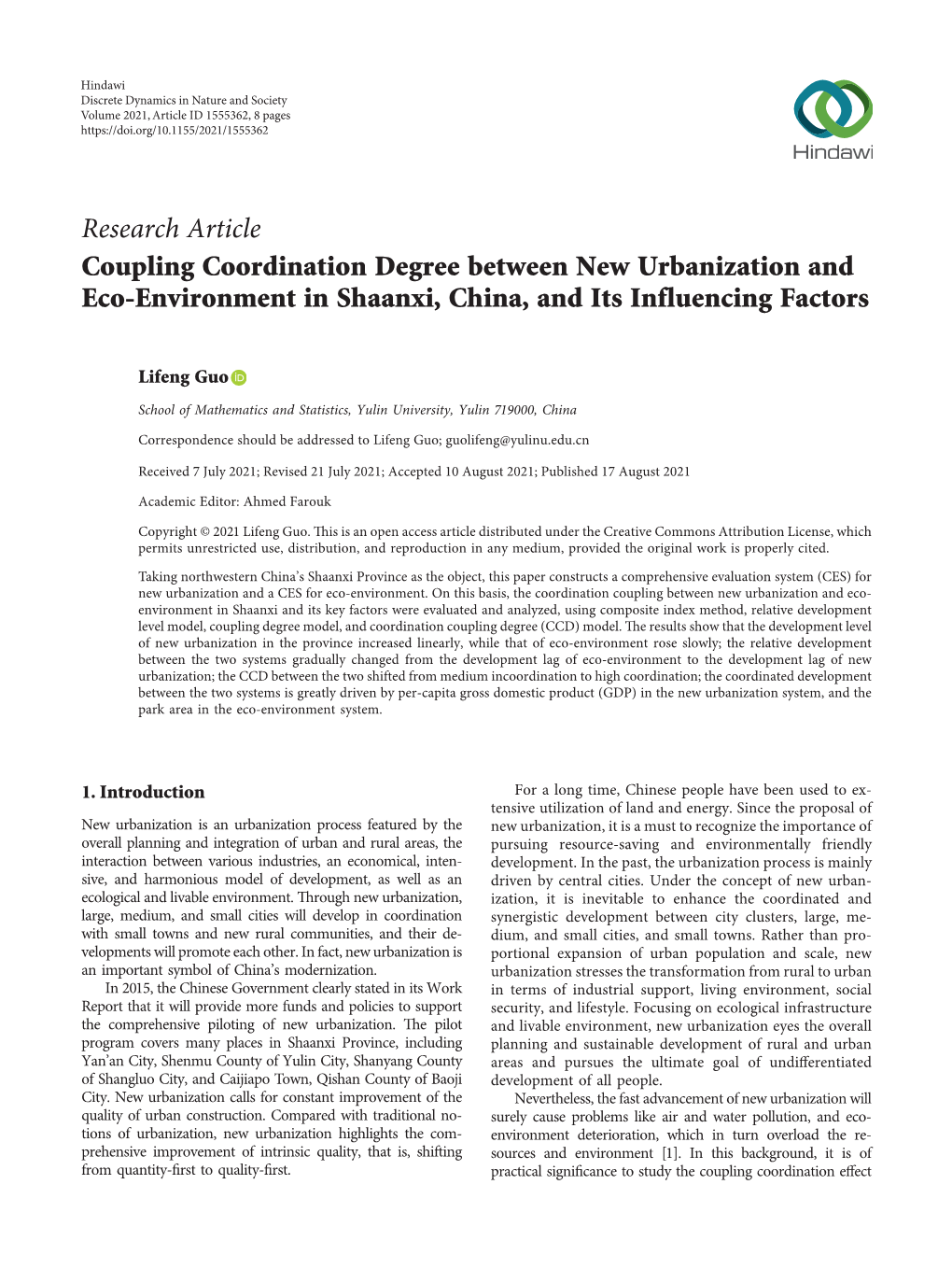 Coupling Coordination Degree Between New Urbanization and Eco-Environment in Shaanxi, China, and Its Influencing Factors