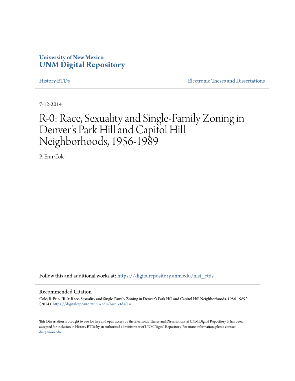 Race, Sexuality and Single-Family Zoning in Denver's Park Hill and Capitol Hill Neighborhoods, 1956-1989 B