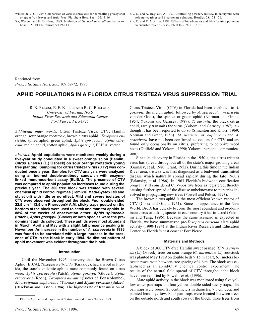 Aphid Populations in a Florida Citrus Tristeza Virus Suppression Trial