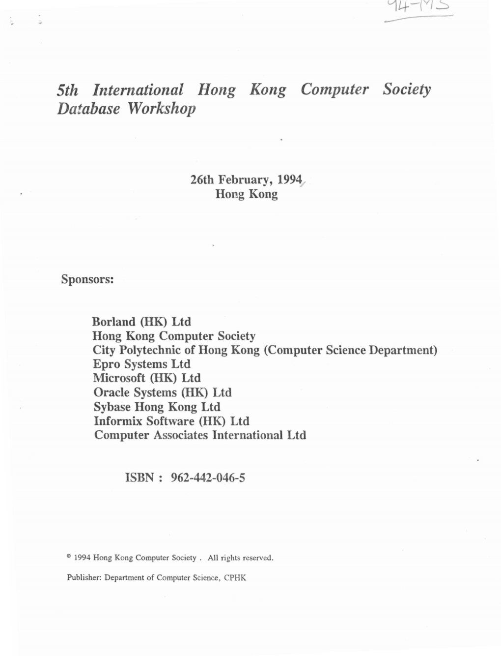 5Th International Hong Kong Database Workshop Computer Society