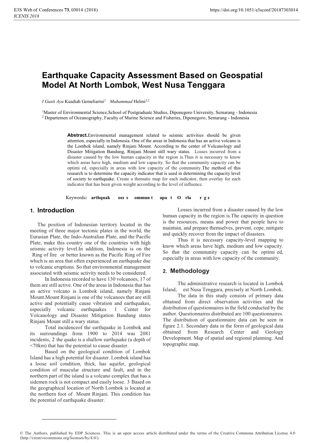 Earthquake Capacity Assessment Based on Geospatial Model at North Lombok, West Nusa Tenggara
