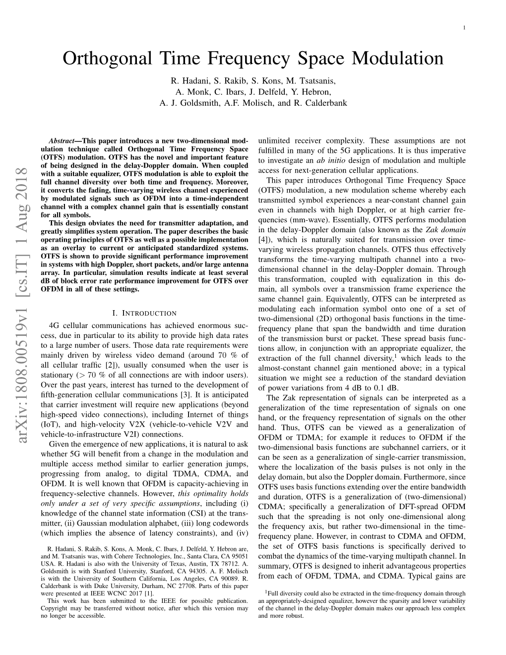 Orthogonal Time Frequency Space Modulation,” Arxiv Preprint Arxiv:1709.09402, 2017