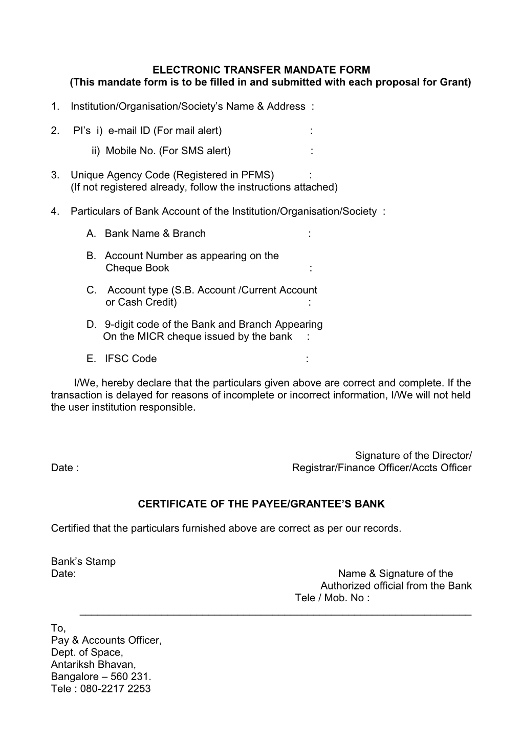 Electronic Transfer Mandate Form