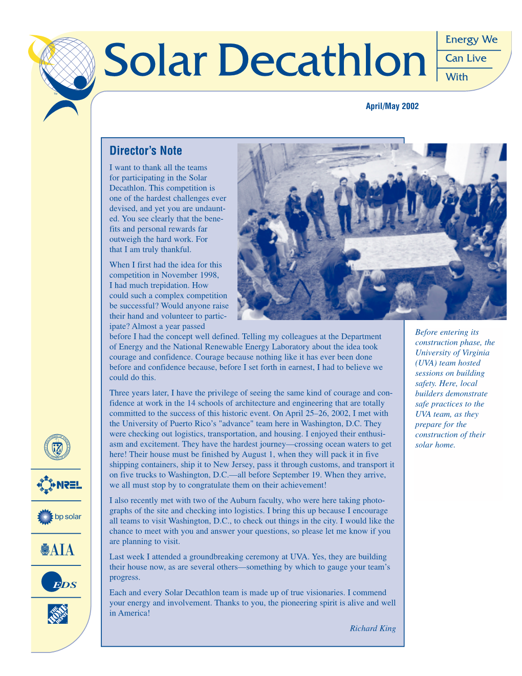 Solar Decathlon Newsletter, April/May 2002