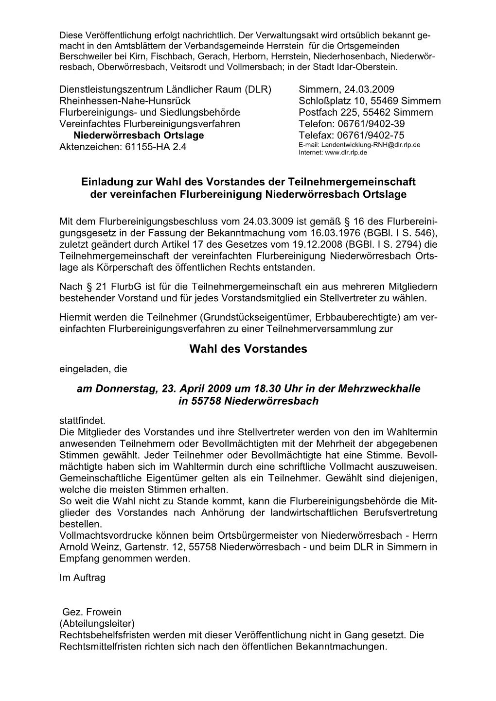 Wahl Des Vorstandes Der Teilnehmergemeinschaft Der Vereinfachen Flurbereinigung Niederwörresbach Ortslage