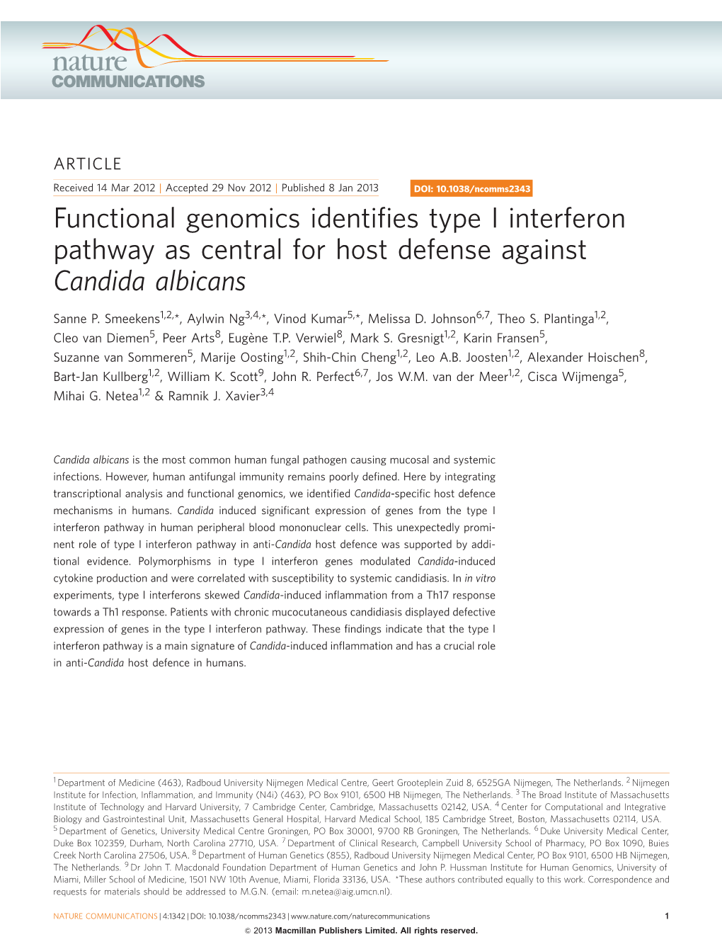 Functional Genomics Identifies Type I Interferon Pathway As Central For