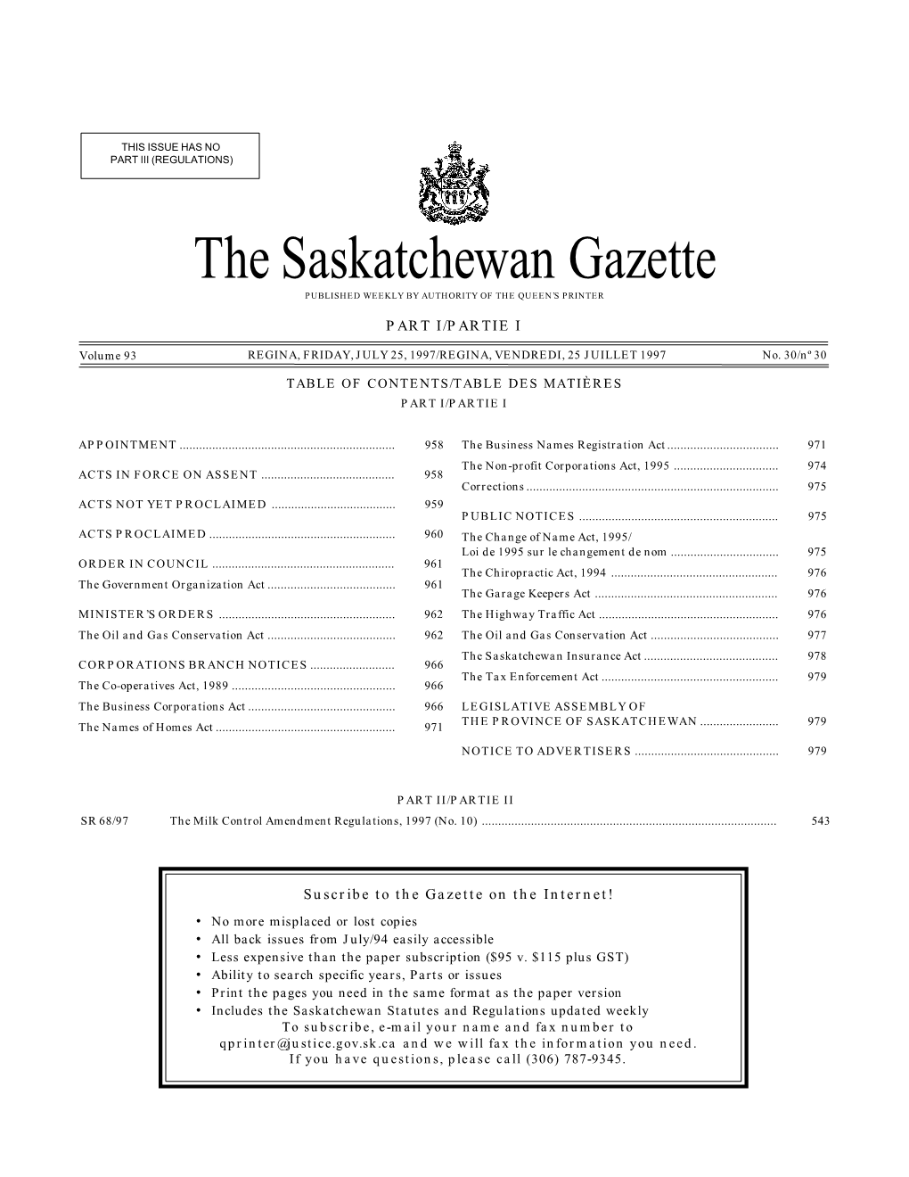 Sask Gazette, Part I, Jul 25, 1997