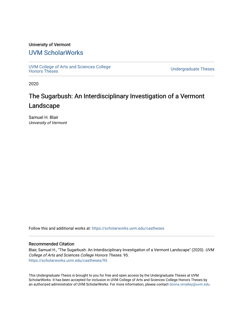 The Sugarbush: an Interdisciplinary Investigation of a Vermont Landscape
