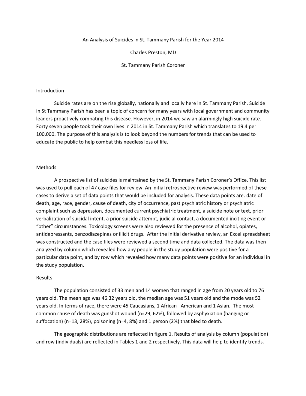 An Analysis of Suicides in St. Tammany Parish for the Year 2014 Charles Preston, MD St. Tammany Parish Coroner Introduction Suic