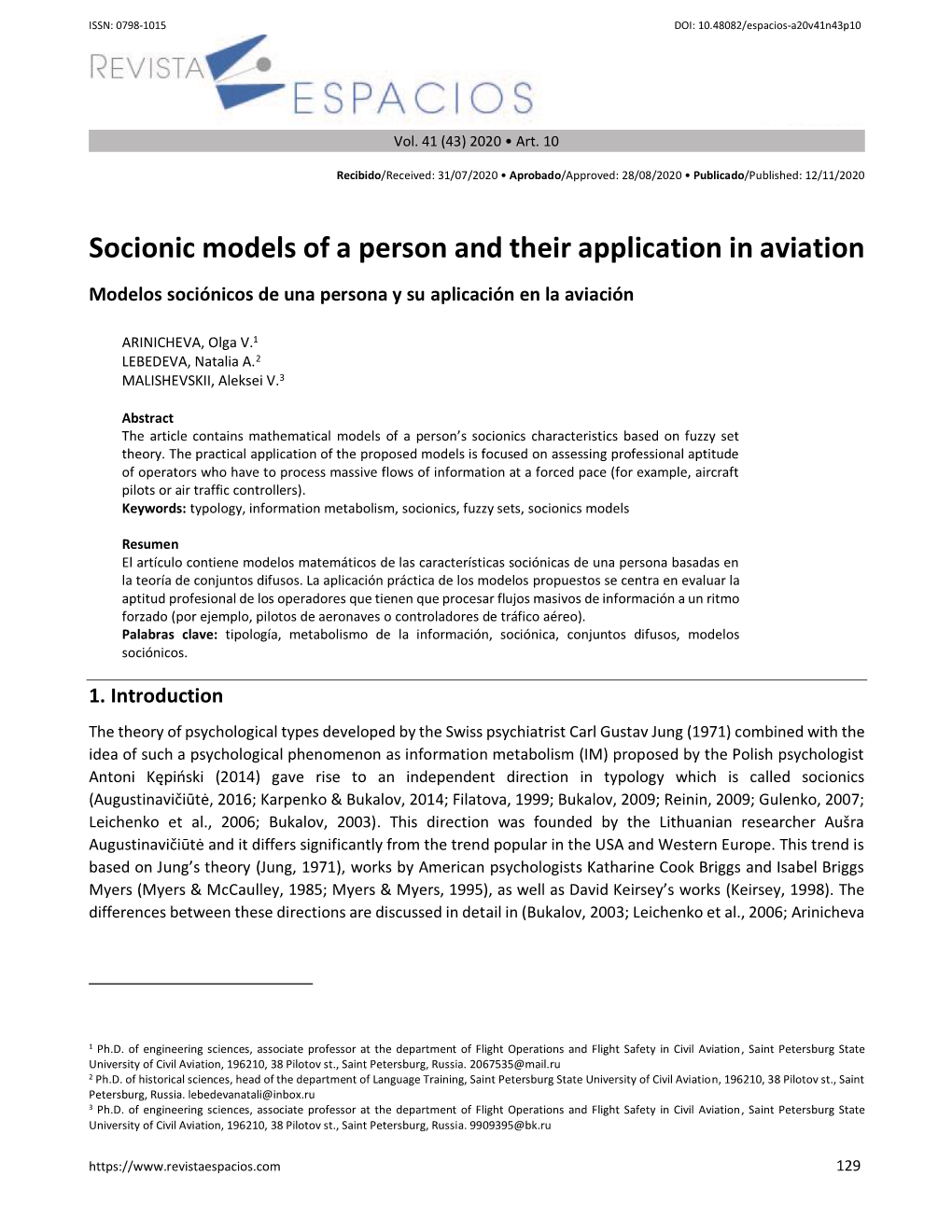 Socionic Models of a Person and Their Application in Aviation Modelos Sociónicos De Una Persona Y Su Aplicación En La Aviación