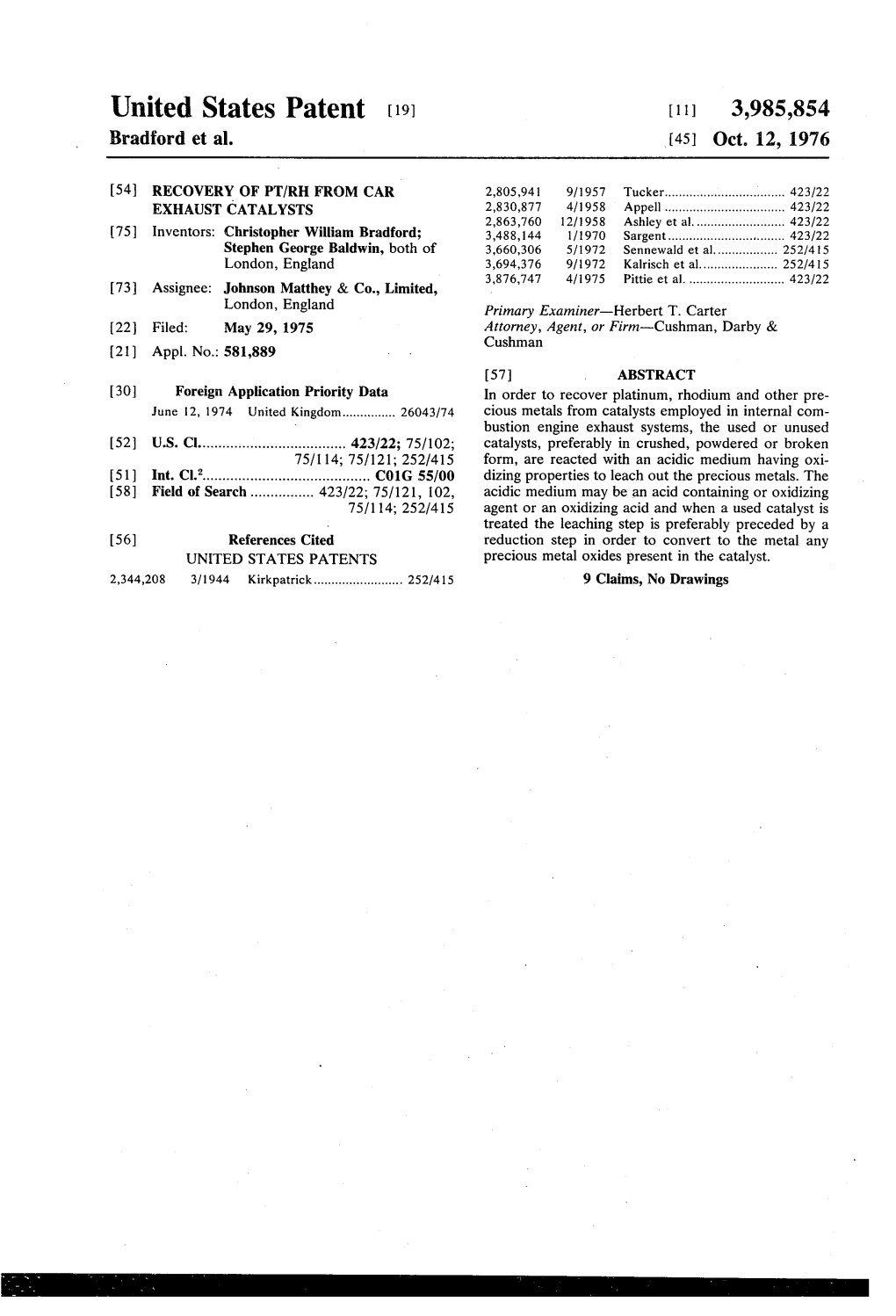 United States Patent [191 [111 3,985,854 Bradford Et Al