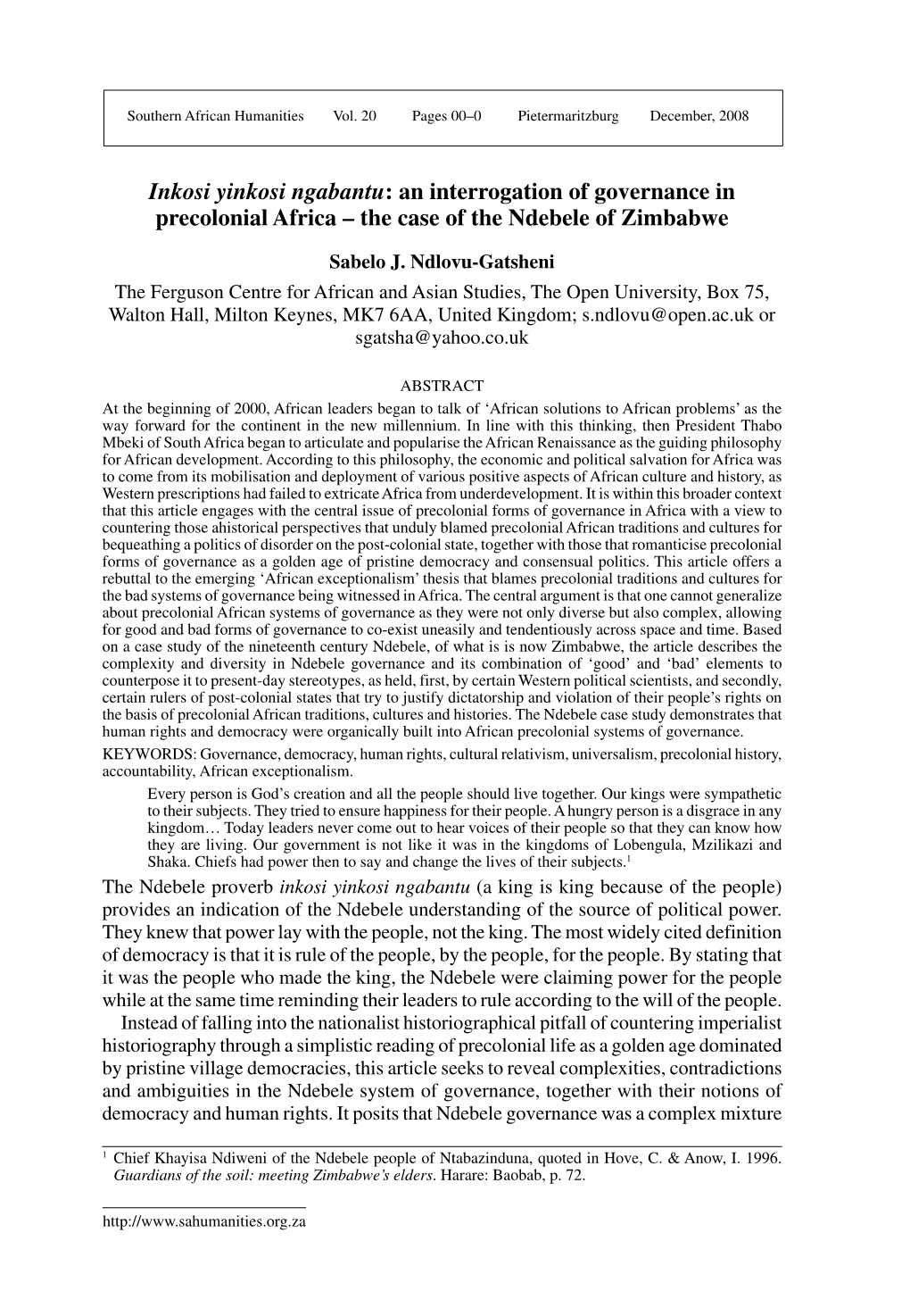Inkosi Yinkosi Ngabantu: an Interrogation of Governance in Precolonial Africa – the Case of the Ndebele of Zimbabwe