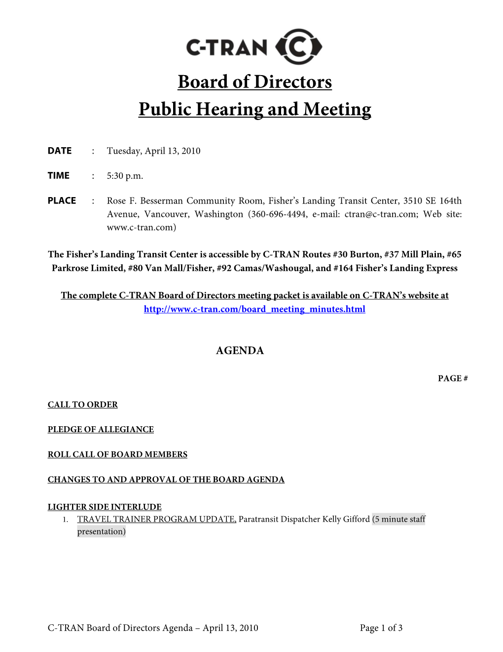 Board of Directors Public Hearing and Meeting