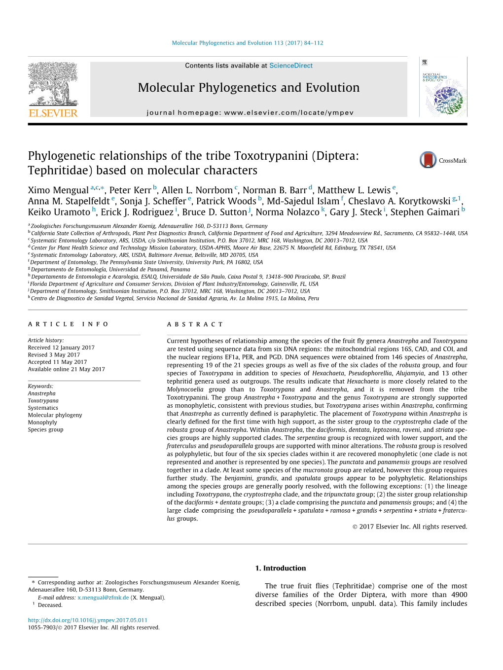 Diptera: Tephritidae) Based on Molecular Characters ⇑ Ximo Mengual A,C, , Peter Kerr B, Allen L