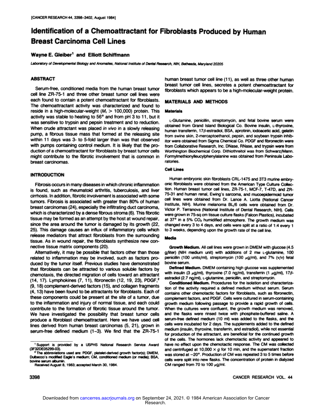 Identification of a Chemoattractant for Fibroblasts Produced by Human Breast Carcinoma Cell Lines