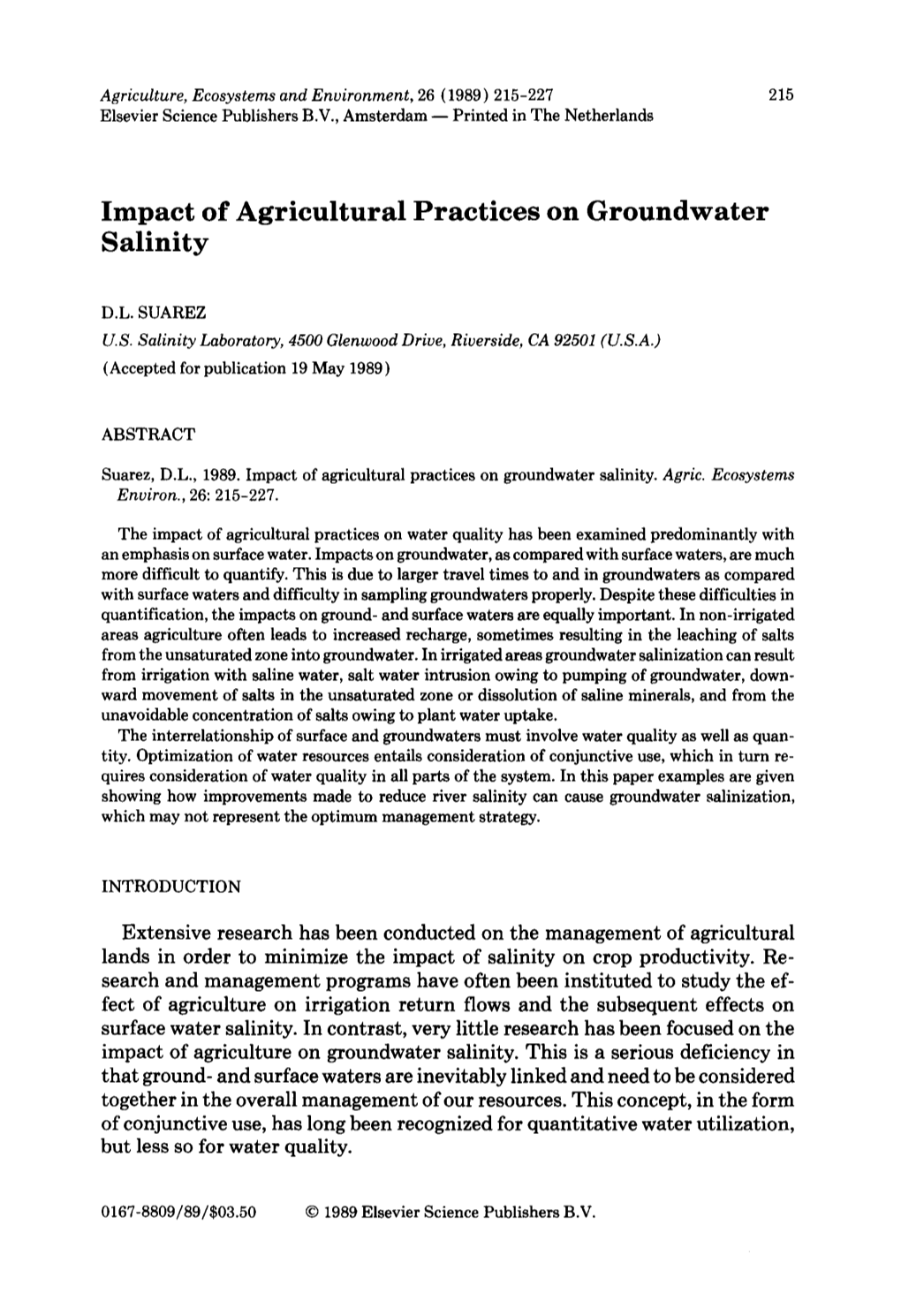 Impact of Agricultural Practices on Groundwater Salinity