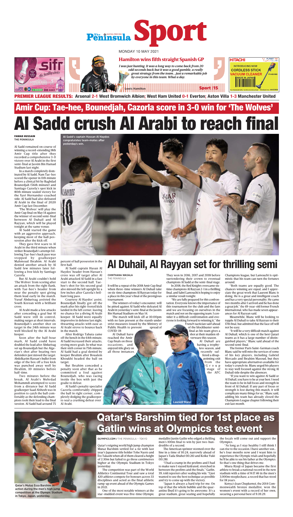 Al Sadd Crush Al Arabi to Reach Final FAWAD HUSSAIN Al Sadd's Captain Hassan Al Haydos the PENINSULA Congratulates Team-Mates After Yesterday's Win