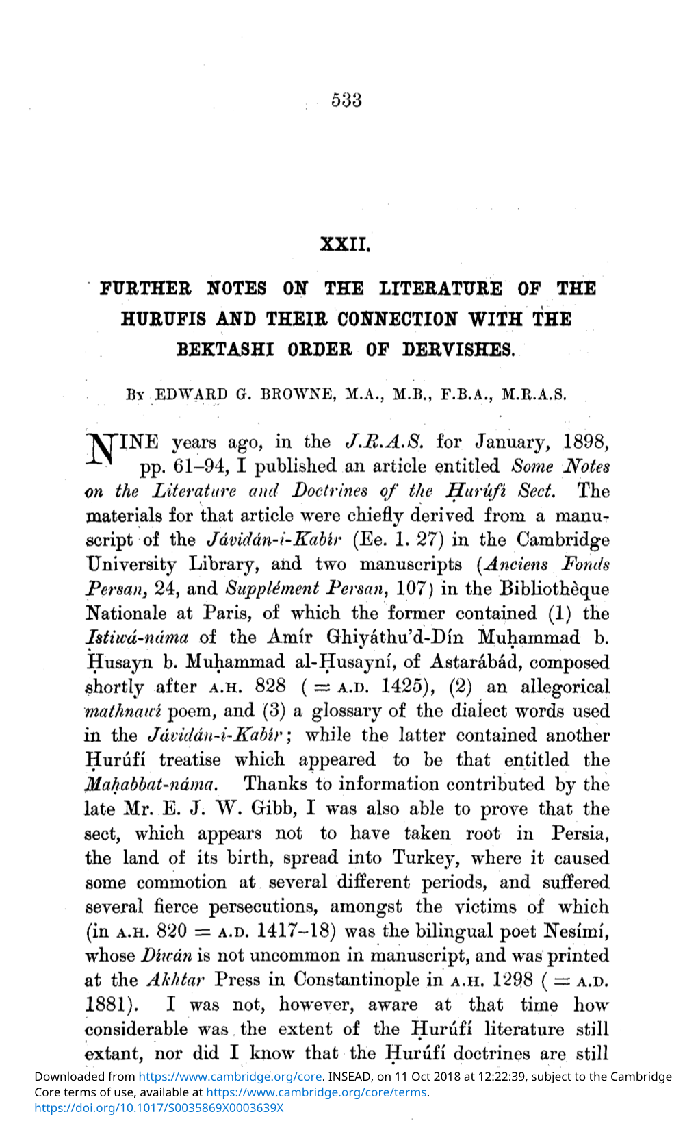 XXII. Further Notes on the Literature of the Hurufis and Their Connection