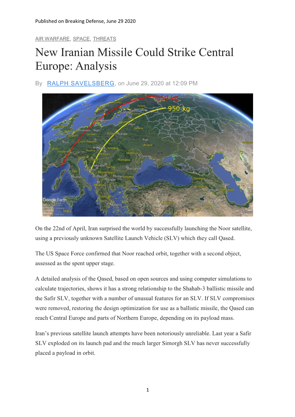 New Iranian Missile Could Strike Central Europe: Analysis