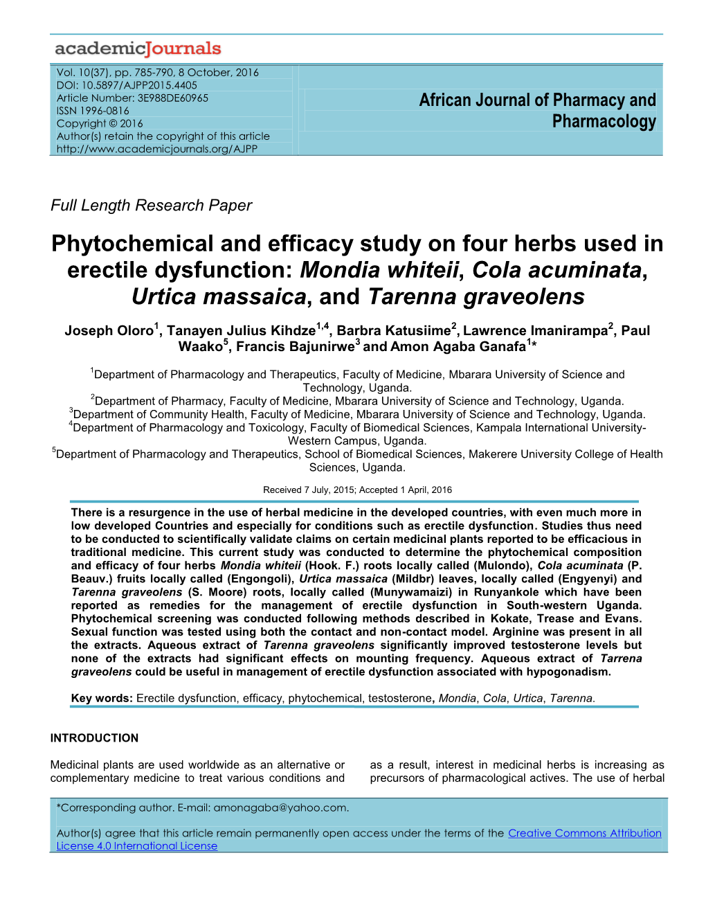 Phytochemical and Efficacy Study on Four Herbs Used in Erectile Dysfunction: Mondia Whiteii, Cola Acuminata, Urtica Massaica, and Tarenna Graveolens