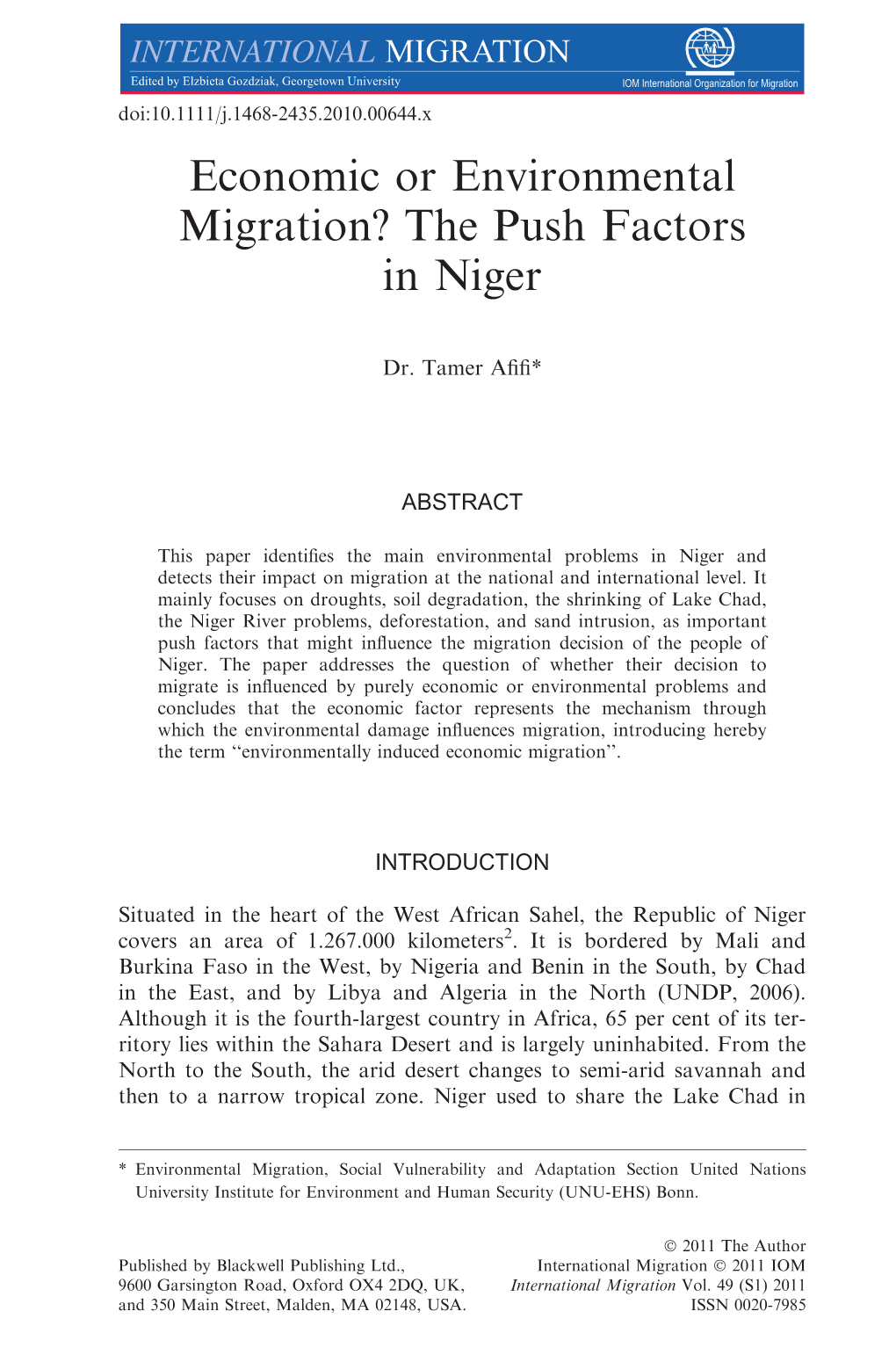Economic Or Environmental Migration? the Push Factors in Niger