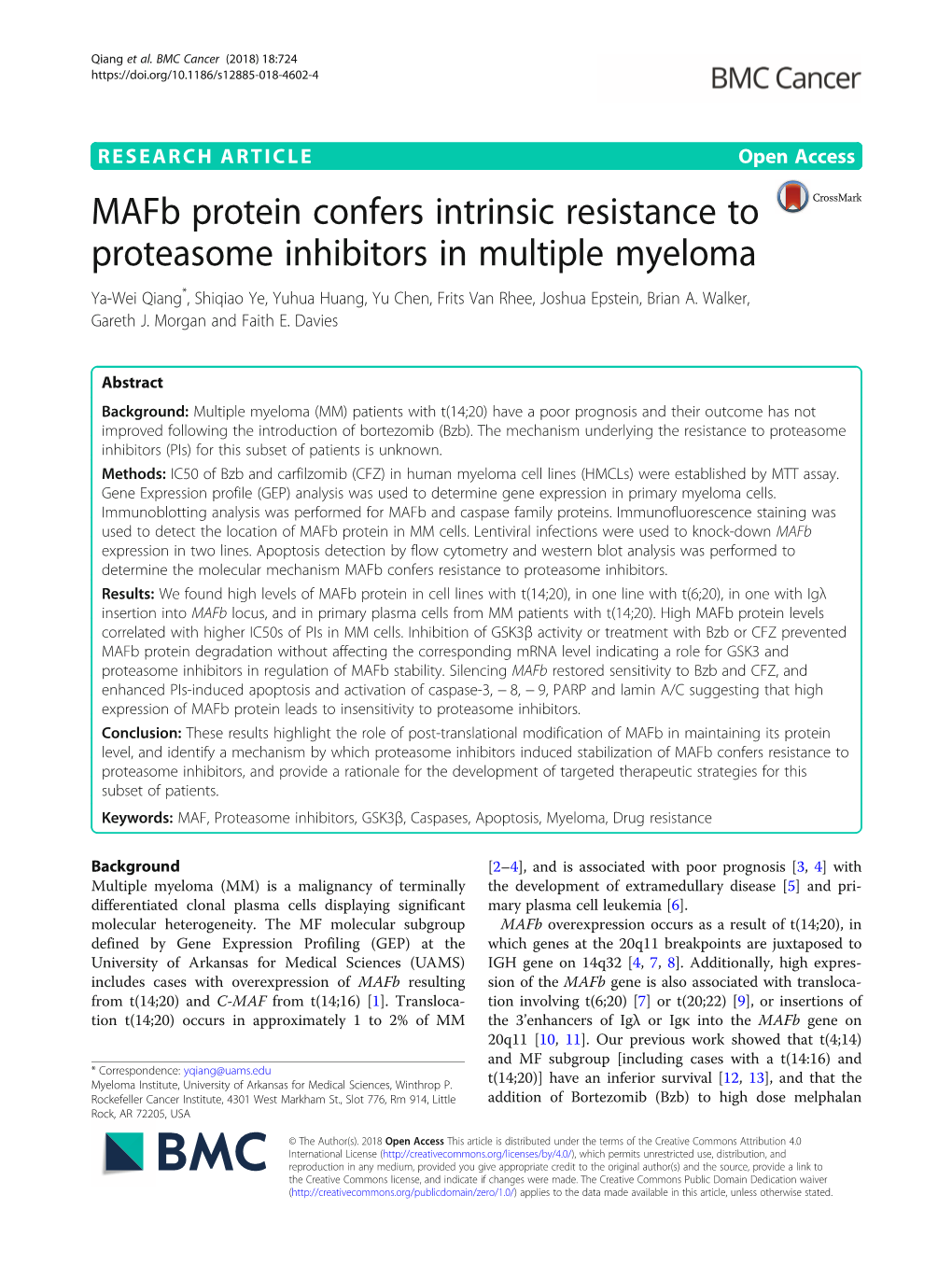 Mafb Protein Confers Intrinsic Resistance to Proteasome Inhibitors in Multiple Myeloma