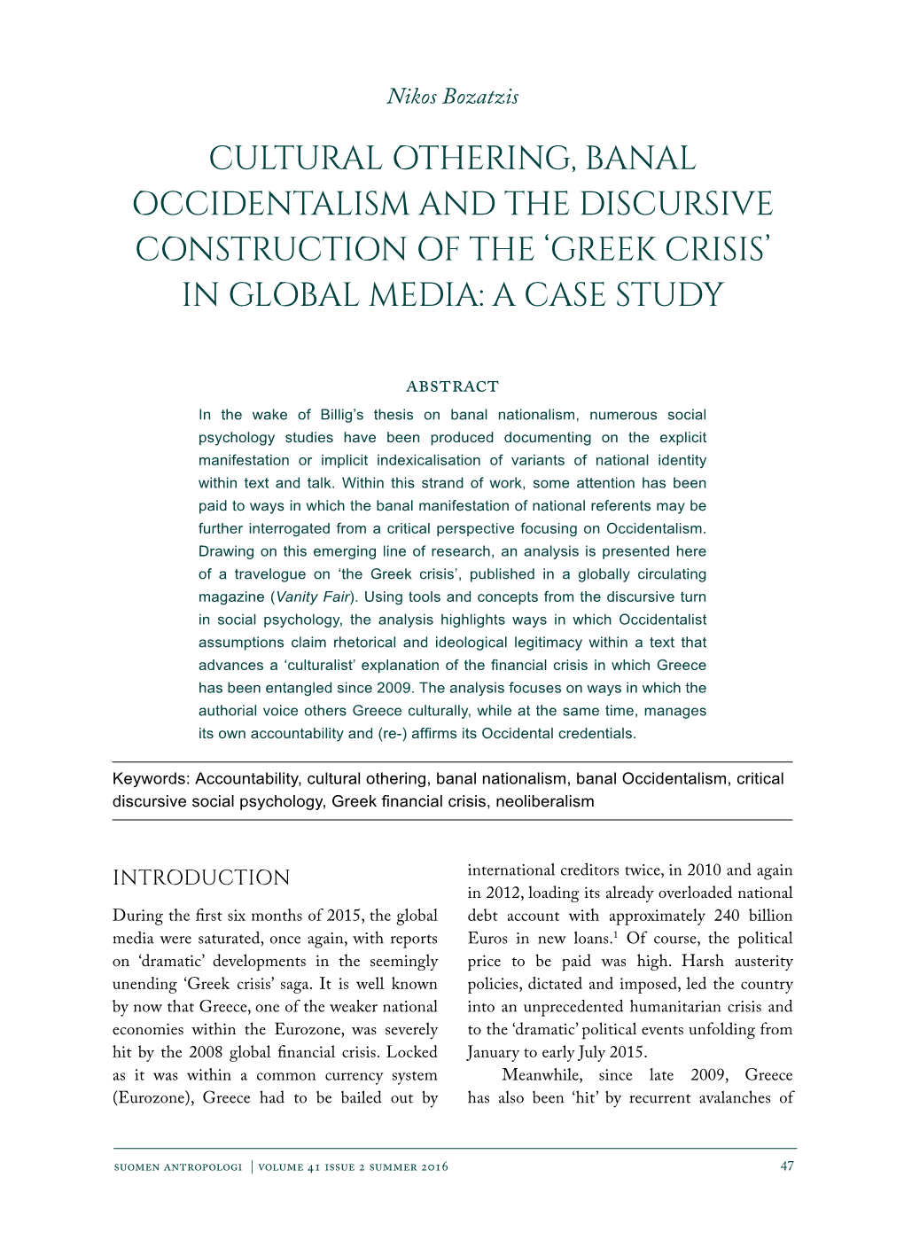 Cultural Othering, Banal Occidentalism and the Discursive Construction of the ‘Greek Crisis’ in Global Media: a Case Study