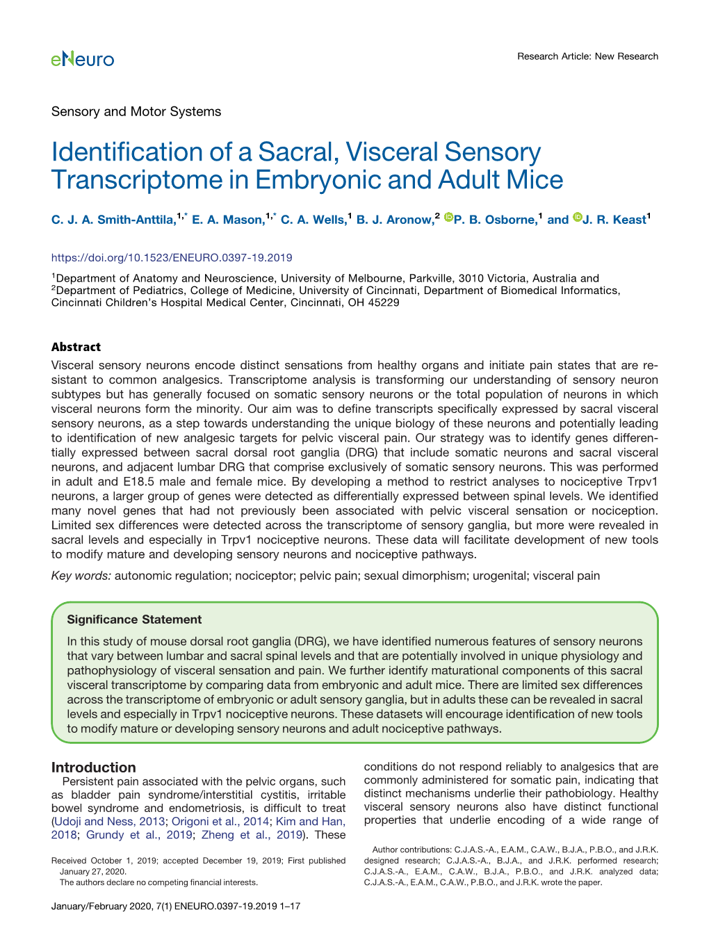 Identification of a Sacral, Visceral Sensory Transcriptome in Embryonic and Adult Mice