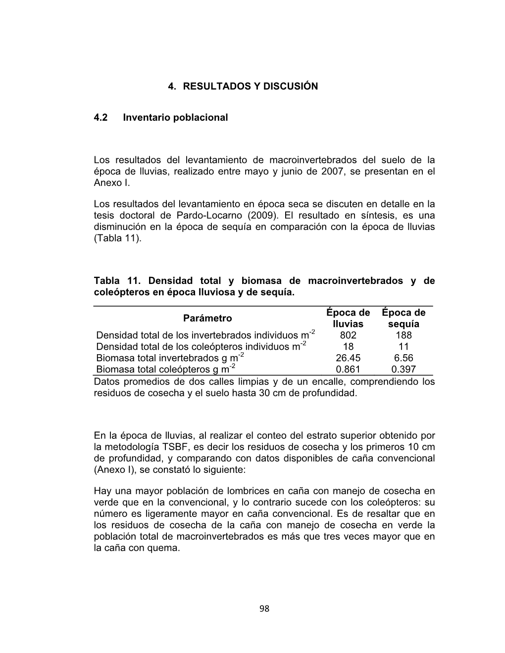 98 4. RESULTADOS Y DISCUSIÓN 4.2 Inventario Poblacional Los