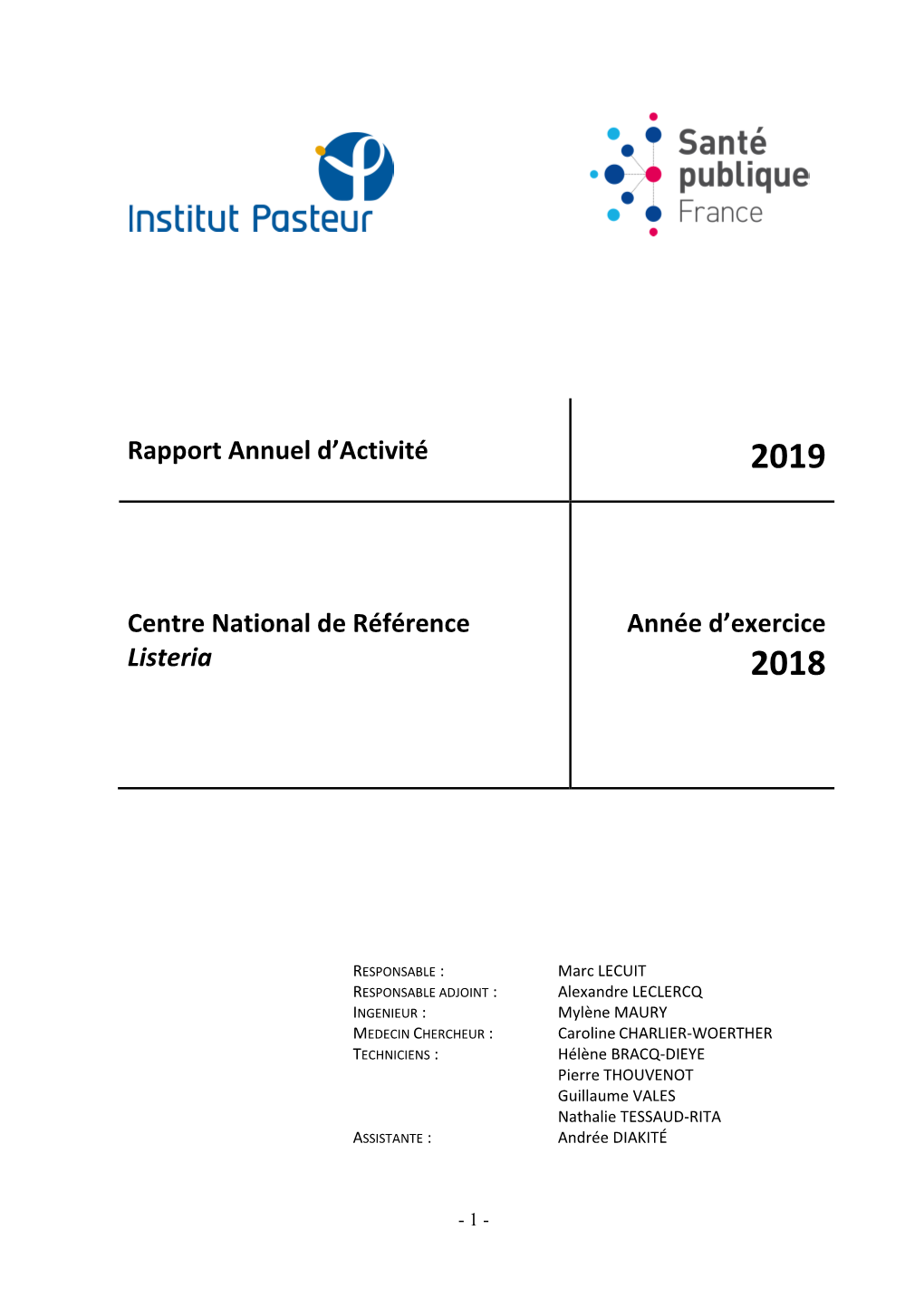 Centre National De Référence Listeria Année D'exercice