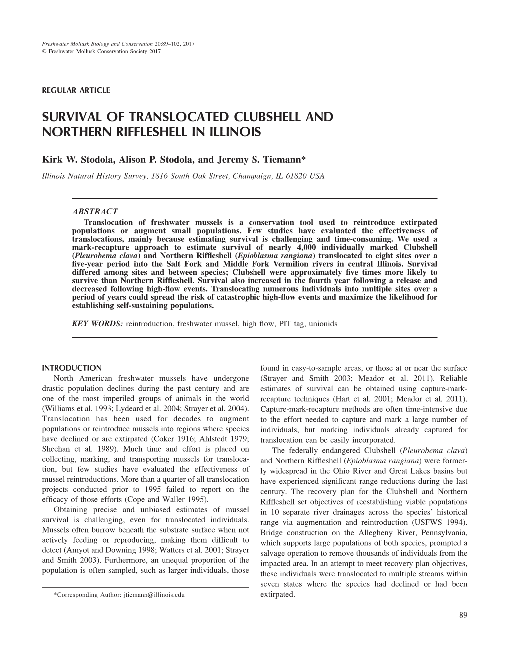 Survival of Translocated Clubshell and Northern Riffleshell in Illinois