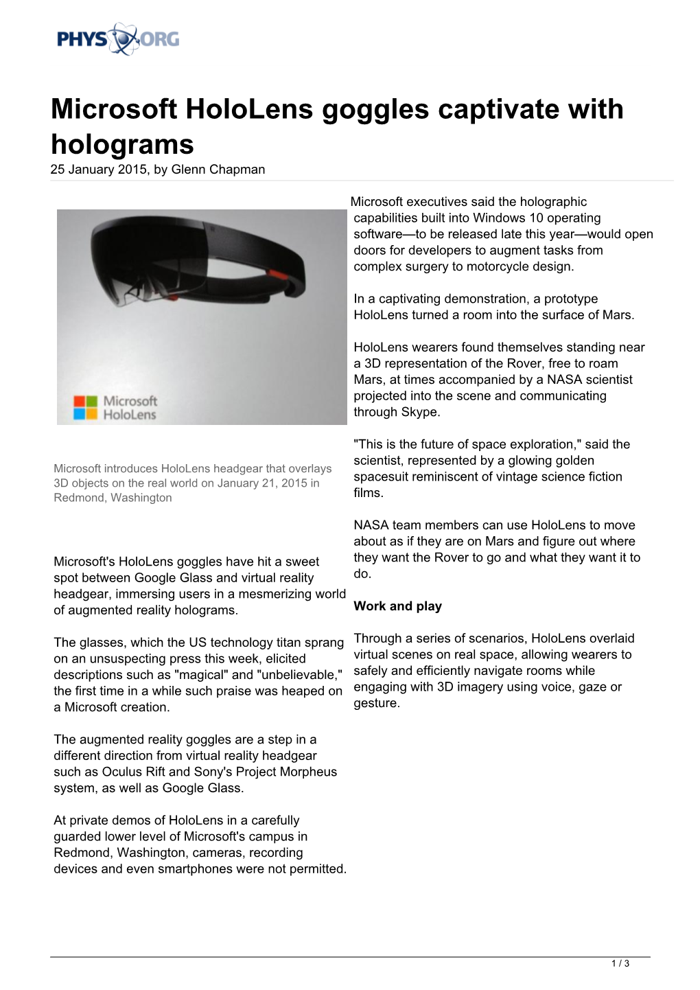 Microsoft Hololens Goggles Captivate with Holograms 25 January 2015, by Glenn Chapman