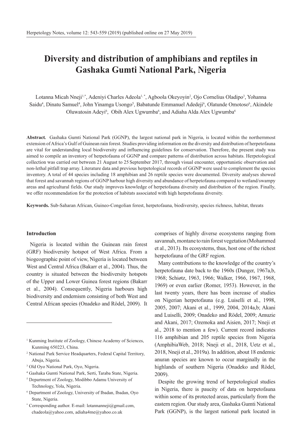 Diversity and Distribution of Amphibians and Reptiles in Gashaka Gumti National Park, Nigeria