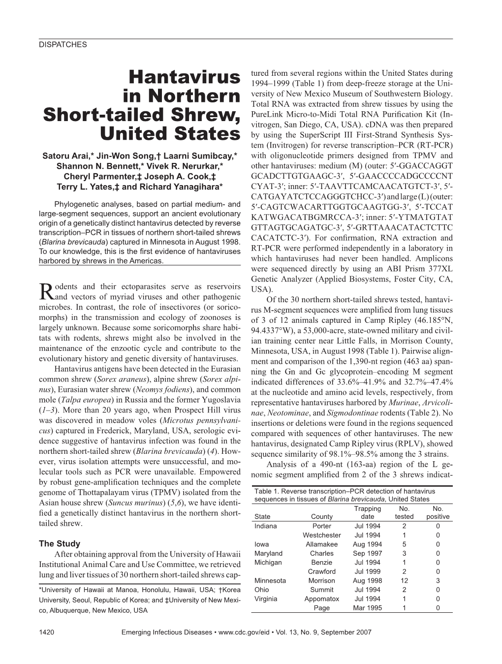 Hantavirus in Northern Short-Tailed Shrew, United States