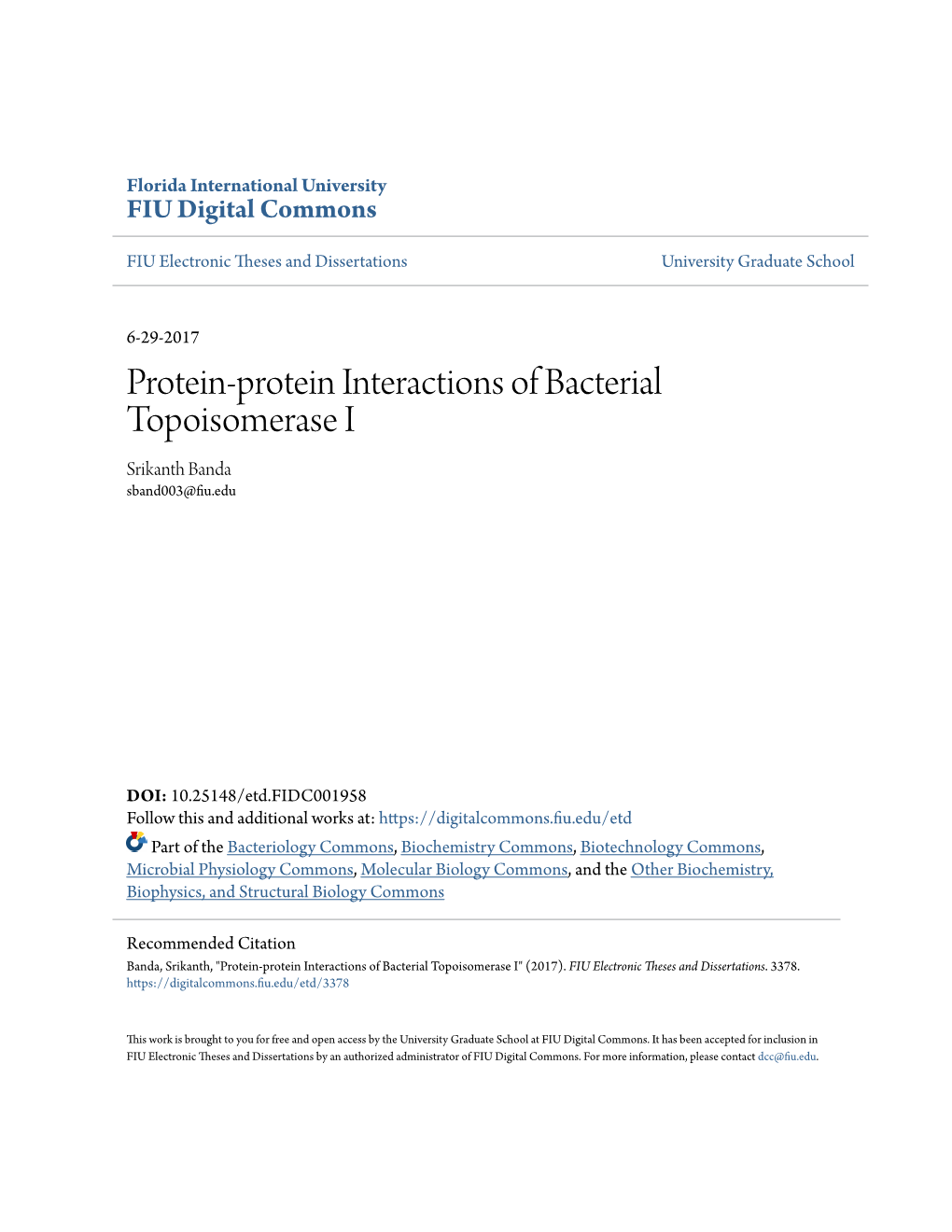 Protein-Protein Interactions of Bacterial Topoisomerase I Srikanth Banda Sband003@Fiu.Edu