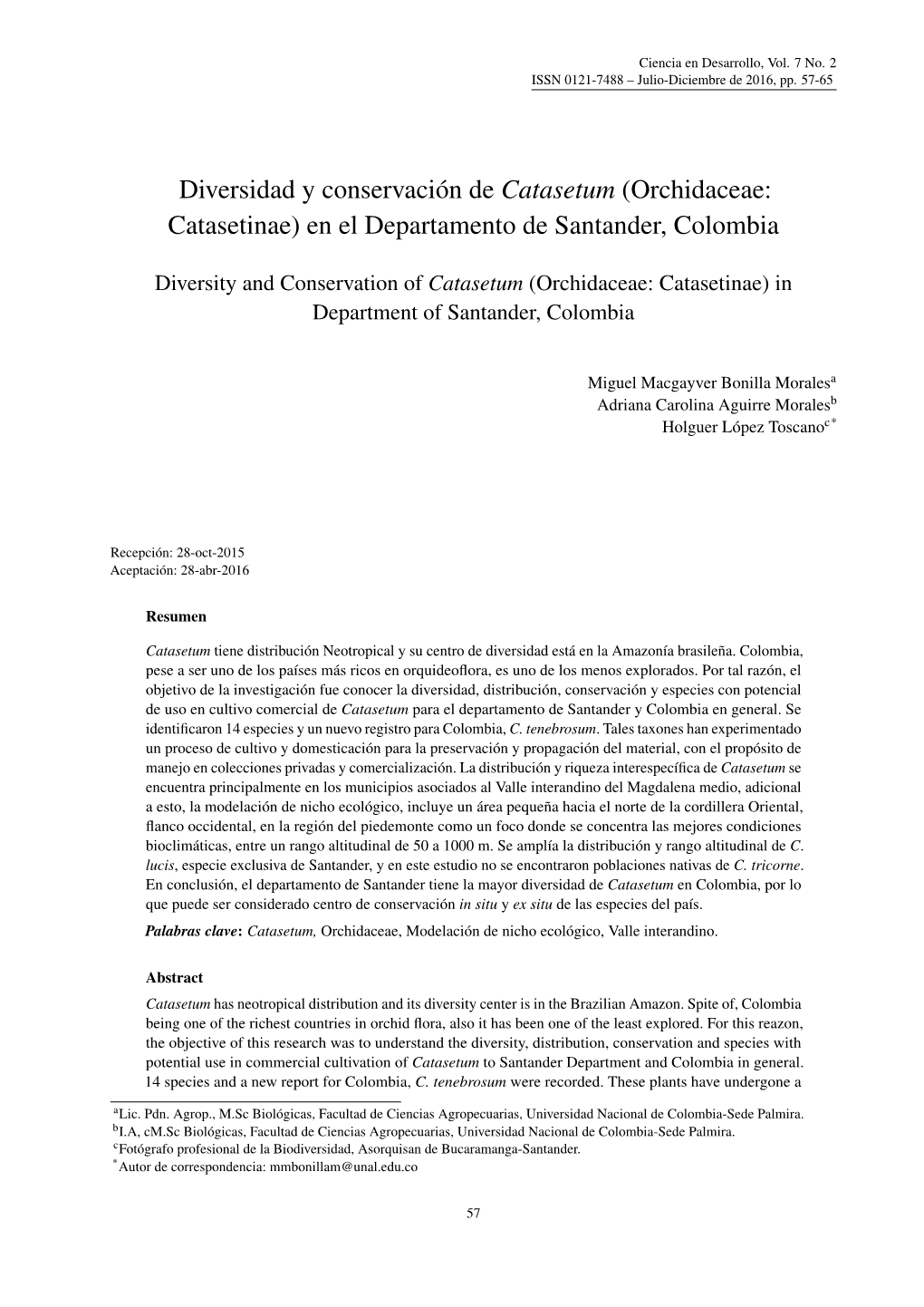 Diversidad Y Conservación De Catasetum (Orchidaceae: Catasetinae) En El Departamento De Santander, Colombia